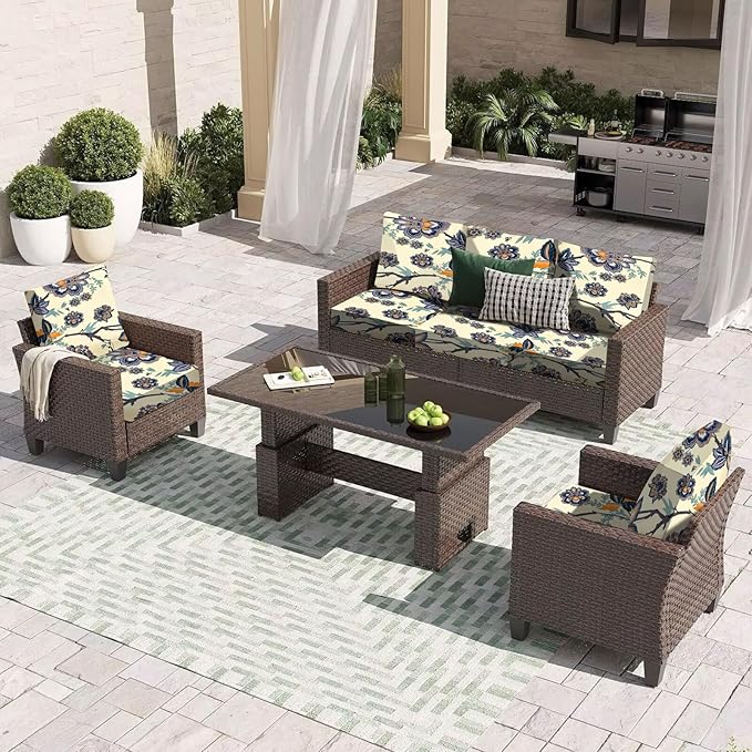 HANDONTIME 8Pcs Outdoor Patio Cushion Covers Boho Floral Stretch Couch Cushion Cover Patio Couch Slipcover for Outdoor/Indoor Washable Non-Slip Furniture Protector for Pet (Blue, Cover Only)
