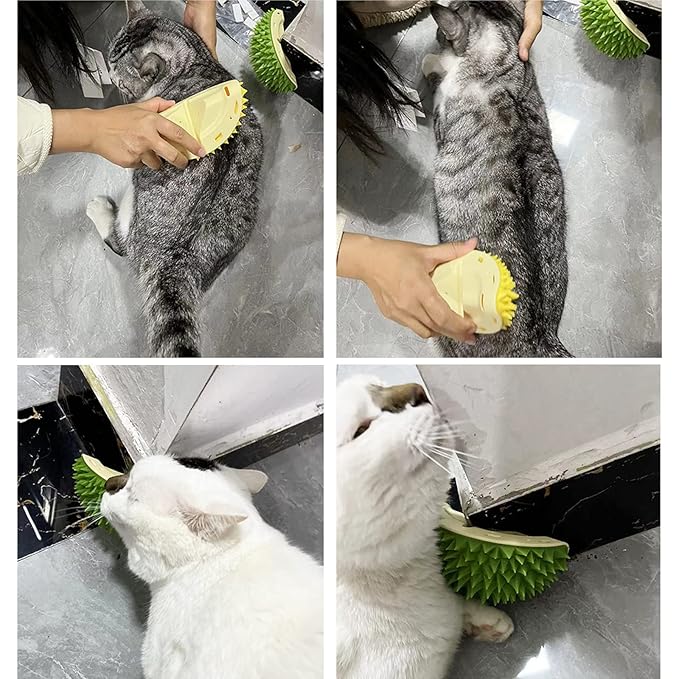 BestAlice 2 Pack Cat Self Groomer, Cute Durian Shape Wall Mounted Dog Cat Corner Scratcher, Wall Corner Groomers Brush Cat Massage Comb, Self-adhesive Cat Scratcher Pet Grooming Supply (Green+Yellow)