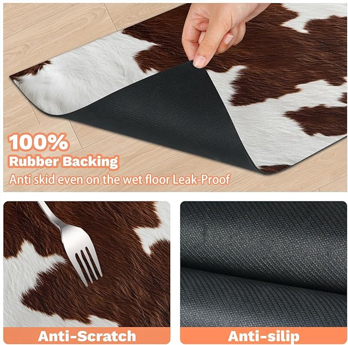 Brown Fur Dog Food Mat for Floors Absorbent Dog Bowl Mat for Food and Water Dispenser Quick Dry Cat Food Placemat Pet Supplies 16" x 24", Milk Cow Skin