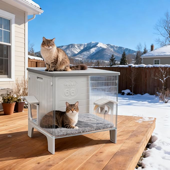 Weatherproof Insulated Outdoor Cat House with Mat for Feral Cat, Plastic Elevated Cat Shelter with Escape Door, Easy Assemble, Expansive Interior‌ Grey 22.0" L x 21.0" W x 16.0" H