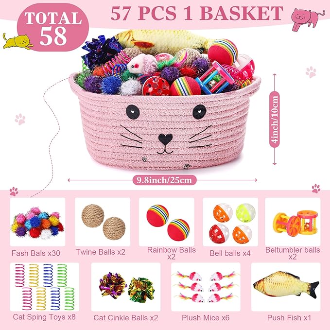 Zopeal 58 Pcs Easter Cat Storage Basket Gift Toys Set, Colorful Flashing Balls Pet Bell Crinkle Balls Spring Toys Attract Cat to Swat, Hunt, Interactive for Pet(Pink,9.8 Inch)