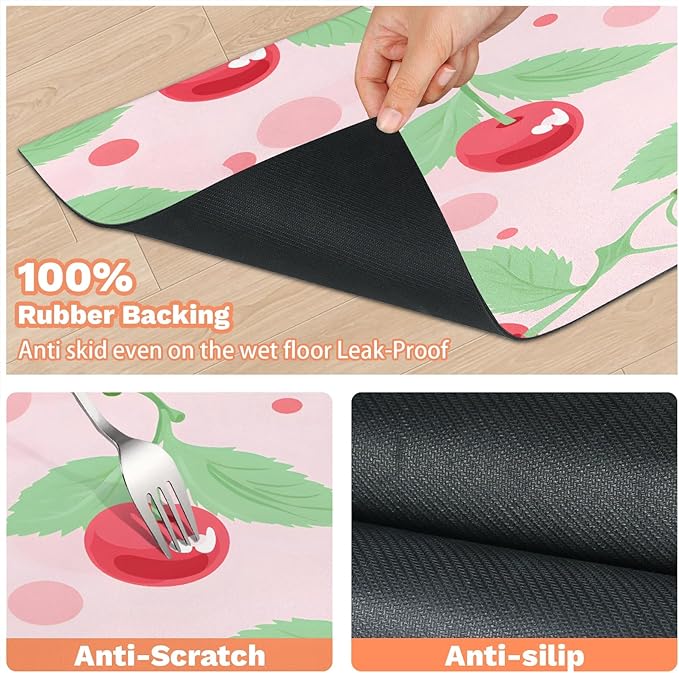 Red Cherry Dog Food Mat for Floors Absorbent Dog Bowl Mat for Food and Water Dispenser Quick Dry Cat Food Placemat Pet Supplies 24" x 32", Cute Fruit