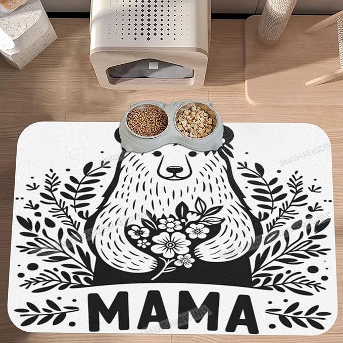 Pet Feeding Mats with Residue Collection Cute Mama Happy Mother's Day Floral Gift for Mom Ce Waterproof Dog Cat Bowl Mat 24x16In with Prevent Water Food Spills