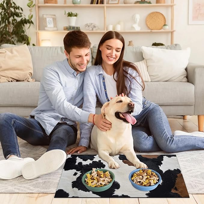 Milk Cow Print Dog Food Mat for Floors Absorbent Dog Bowl Mat for Food and Water Dispenser Quick Dry Cat Food Placemat Pet Supplies 12" x 20", Maroon White Fur