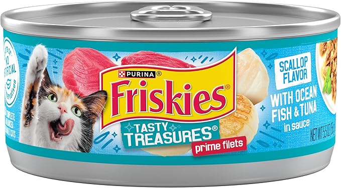 Purina Friskies Wet Cat Food Tasty Treasures With Ocean Fish and Tuna in Sauce (Scallop Flavor) - (Pack of 24) 5.5 oz. Cans