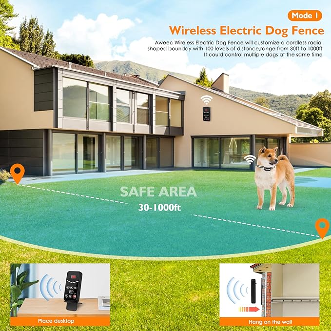 Wireless Dog Fence, Electric Fence System,Remote Dog Shock Training Collar 2 in 1, Perimeter Wireless Dog Boundary Pet Containment System Outdoor for The Yard,Suitable for Large/Small Dogs