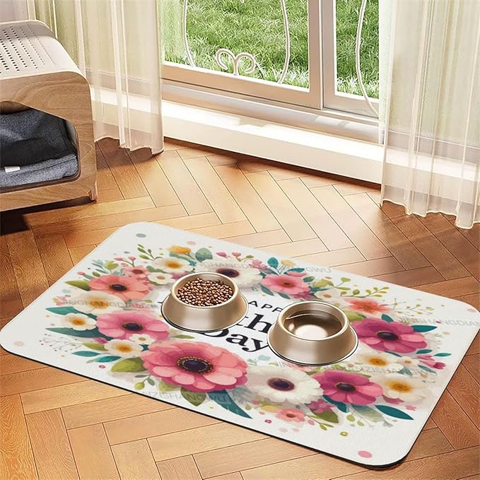 Pet Feeding Mat Happy Mother's Day Floral Gift Mom Dq Dog Food Mat for Food Water No Stains Quick Dry Dispenser Cat Bowl Mats for Messy Drinkers 24x16In