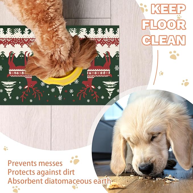 Xmas Elk Dog Food Mat for Floors Absorbent, Quick Dry Water Dispenser Mat for Food, Water, Pet Supplies 16" x 24", Christmas Tree