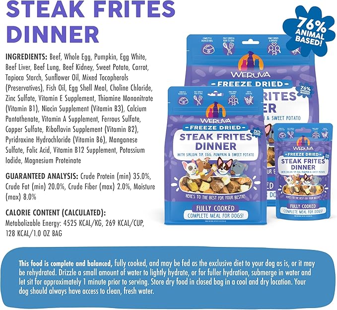 Weruva Dog Freeze Dried, Steak Frites Dinner with Sirloin Tip, Egg, Pumpkin & Sweet Potato, 1oz Bag (Pack of 3)