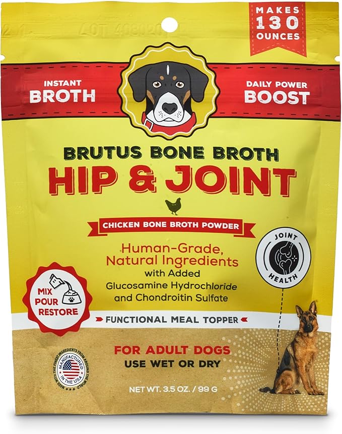 Brutus Broth Dog Food Topper - Instant Bone Broth Powder for Dogs - Supports Hip and Joint Function - Human-Grade Quality - Serve Dry or Wet - Chicken Flavor - 3.5 oz Pack (Makes 130 oz with Water)