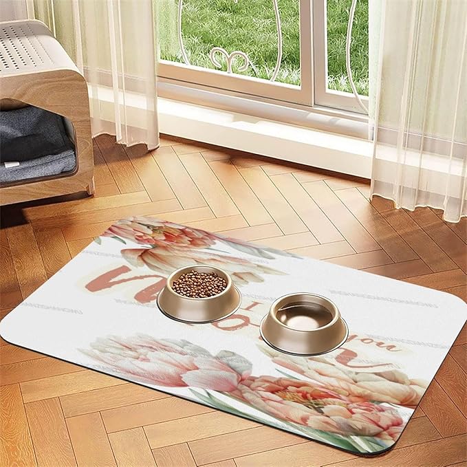 Dog Food Mat for Floors Absorbent Quick Drying Happy Mother's Day Floral Gift for Mom Lb Pet Cat Food Mat Easy-to-Clean Pet Feeding Mats Dog Bowl Mats 24x16In