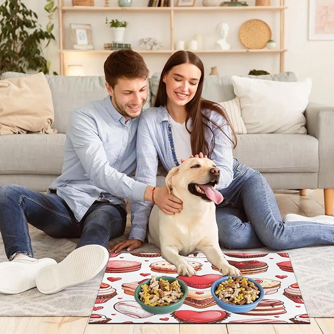 Dessert Theme Dog Food Mat for Floors Absorbent Dog Bowl Mat for Food and Water Dispenser Quick Dry Cat Food Placemat Pet Supplies 17" x 30", Valentine's Day Cake