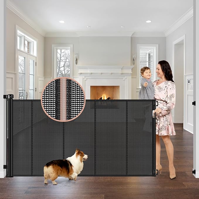 Reinforced 42" Tall x 75" Wide Retractable Baby Gate with Support Rods - Prevents Crawling Under Extra Tall Pet Gate Indoor Mesh Gate Outdoor Long Baby Gate Tall Dog Gates for Doorways, Black
