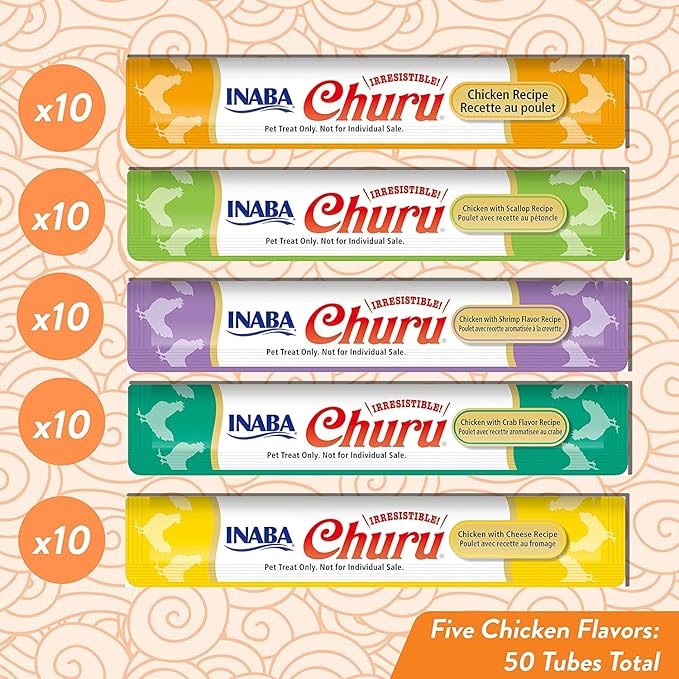 INABA Churu Cat Treats, Grain-Free, Lickable, Squeezable Creamy Purée Cat Treat/Topper with Vitamin E & Taurine, 0.5 Ounces Each Tube, 50 Tubes, Chicken Variety