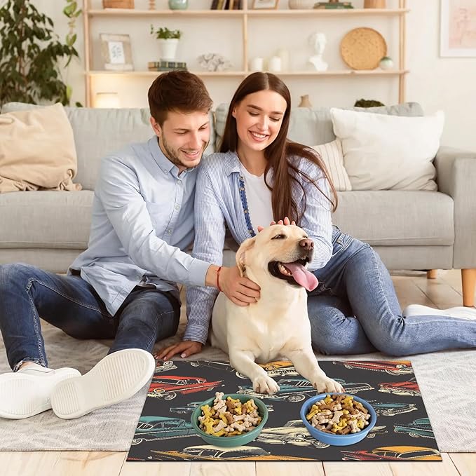 Colorful Racing Car Dog Food Mat for Floors Absorbent, Quick Dry Water Dispenser Mat for Food, Water, Pet Supplies 12" x 20", Vintage Car