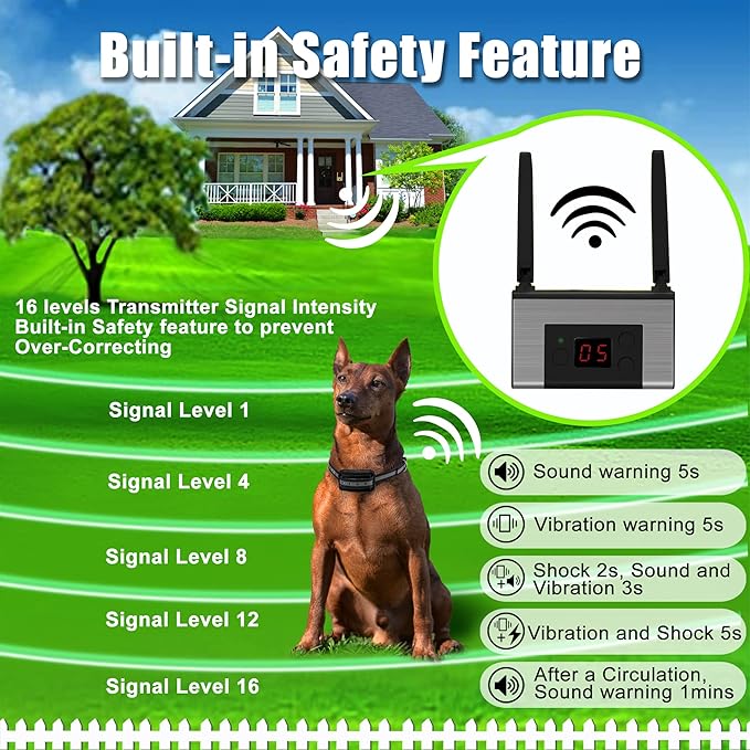 Electric Wireless Dog Fence System, Pet Containment System for Dogs and Pets with Waterproof and Rechargeable Collar Receiver for one Dog Container Boundary System (Black)