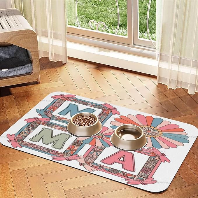 Pet Feeding Mat Happy Mother's Day Floral Gift Mom Ke Absorbent Pet Placemat for Food Water Bowl with Waterproof Rubber Backing 18X12In Quick Dry Water Dispenser Mat for Dog Cat