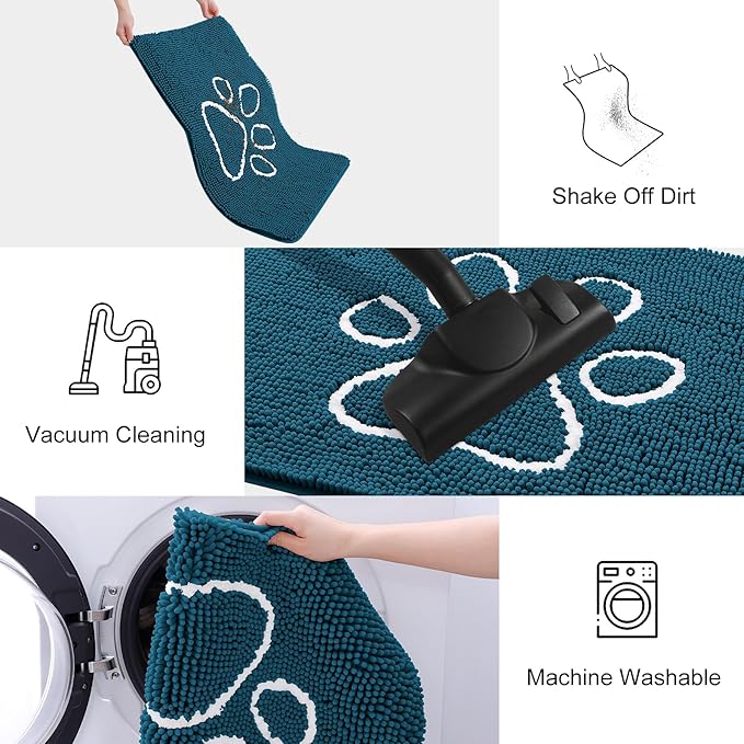 Smiry Dog Door Mat for Muddy Paws, Absorbent Dirt Trapper Non Slip Quick Dry Washable Chenille Mat for Mud Dogs, Entry Rug for Indoor and Outdoor (47x24 Inches, Atlantic Blue and White)