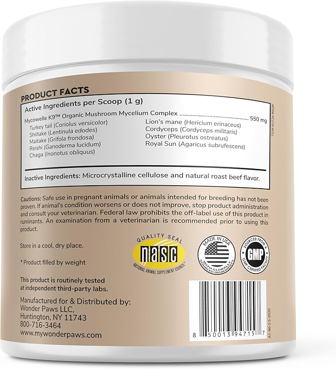 Wonder Paws Immune Support Mushroom Powder for Dogs – Organic Mushroom Complex for Immunity, Cognition, Cellular Health, Longevity - With Turkey Tail Mushroom for Dogs, Reishi & Lions Mane – 90 Scoops