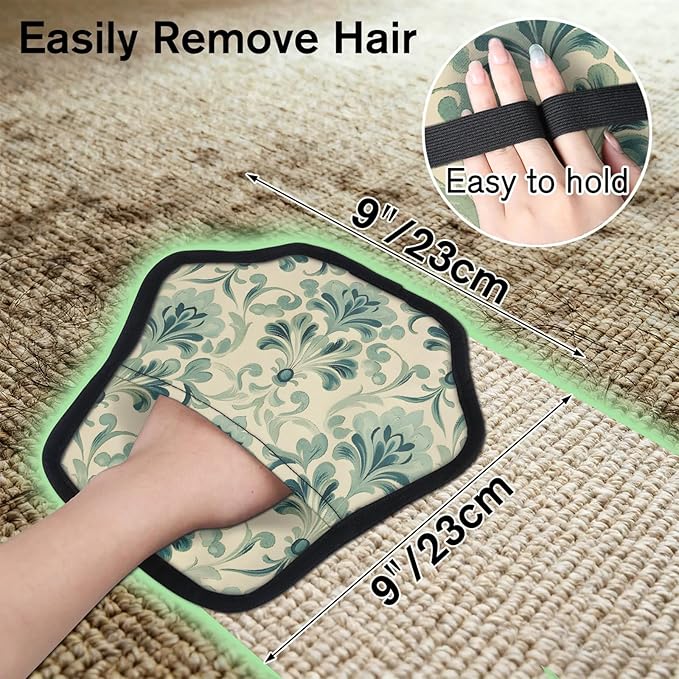 Green Floral Prints Electrostatic Pet Hair Removal Glove for Cats & Dogs - Reusable Grooming Mitt for Couch, Carpet, Car Seat & Laundry - Large 9x9 Inch