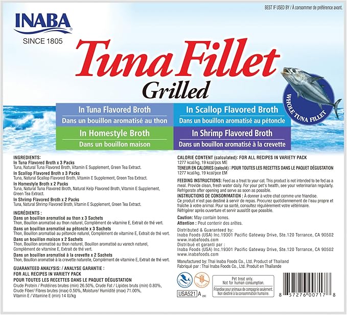 INABA Natural, Premium Hand-Cut Grilled Tuna Fillet Cat Treats/Topper/Complement with Vitamin E and Green Tea Extract, 0.52 Ounces Each, Pack of 10, Variety Pack