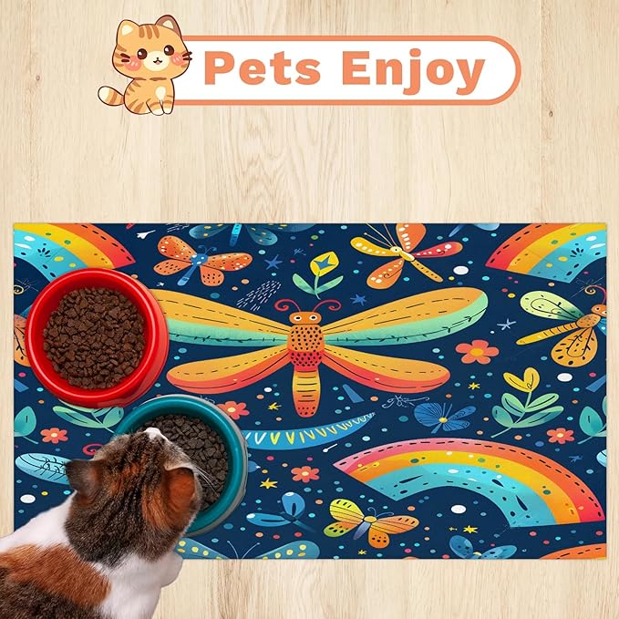 Colorful Dragonfly Dog Food Mat for Floors Absorbent, Quick Dry Water Dispenser Mat for Food, Water, Pet Supplies 24" x 32", Spring Flower