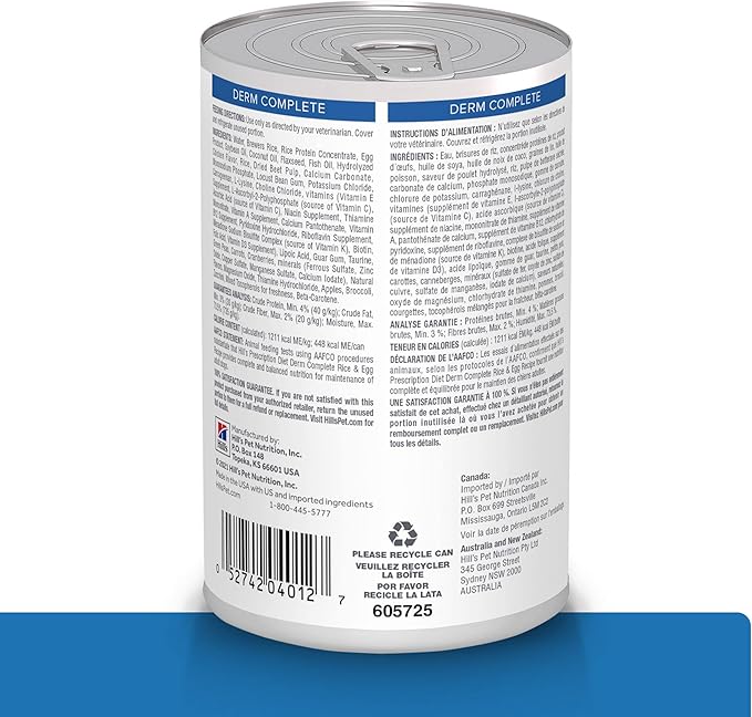 Hill's Prescription Diet Derm Complete Rice & Egg Recipe Wet Dog Food, Veterinary Diet, 13 oz. Cans, 12-Pack