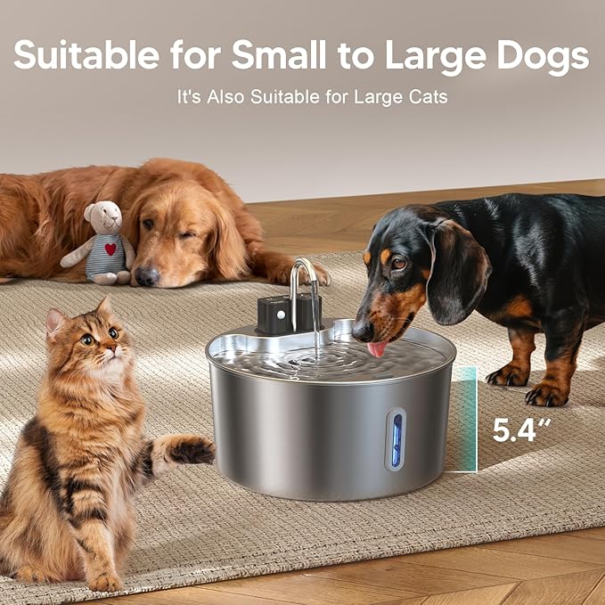 Voluas Dog Water Fountain: 1.8Gal/7L Wireless Stainless Steel Dog Fountain Bowl for Small to Large Dogs, Battery Operated Pet Water Dispenser Indoor with Ultra-Quiet Pump, Easy Clean BPA-Free