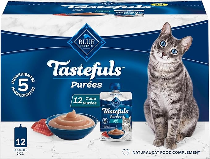 Blue Buffalo Tastefuls Purées with Tuna, Natural Cat Food Complement, Resealable Twist Cap Pouches, 3-oz (12 Count)