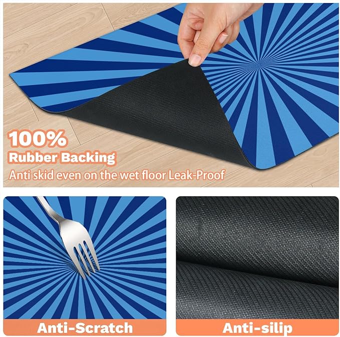 Striped Dog Food Mat for Floors Absorbent, Quick Dry Water Dispenser Mat for Food, Water, Pet Supplies 12" x 20", Blue