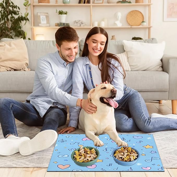 Music Note Dog Food Mat for Floors Absorbent Dog Bowl Mat for Food and Water Dispenser Quick Dry Cat Food Placemat Pet Supplies 12" x 20", Love Heart
