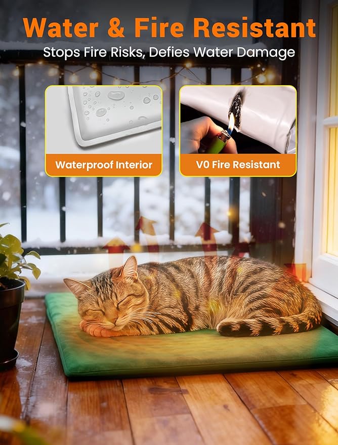 PETNF Outdoor Pet Heating Pad for Cats & Dogs, 100.4-107.6°F Auto Temp Control, Waterproof Fireproof, for Cat House/Dog Kennel/Carport, Fits Domestic & Stray Pets (Green 15.7"X27.6")