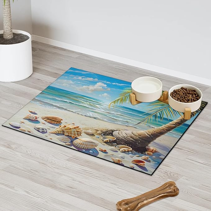 Seashell Dog Food Mat for Floors Absorbent, Quick Dry Water Dispenser Mat for Food, Water, Pet Supplies 16" x 24", Palm Tree