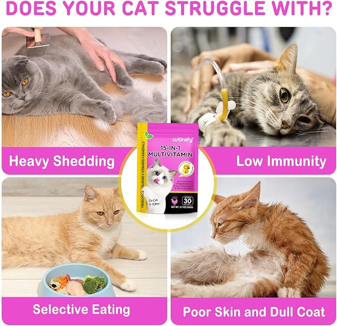 Cat Vitamins with Taurine, 15-in-1 Multivitamin Chews with Omega-3s & Prebiotics, Taurine for Immune, Heart & Joint Health, Supports Skin, Coat & Digestion, Cat Grass Treats for Cats & Kittens