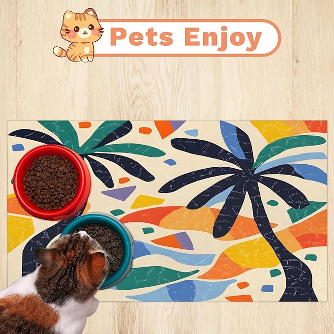 Palm Tree Dog Food Mat for Floors Absorbent, Quick Dry Water Dispenser Mat for Food, Water, Pet Supplies 17" x 30", Mid Century