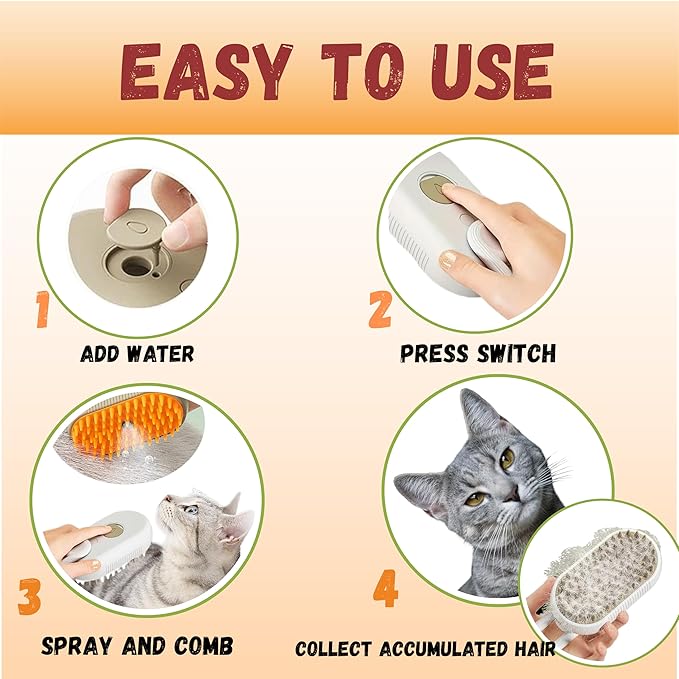 4-in-1 Cat Steam Brush | Rechargeable & Anti-Static | Massage & Cleaning | Shedding & Combing in One!
