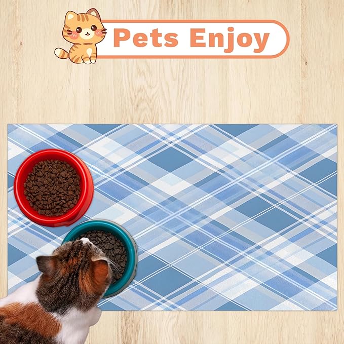 Buffalo Plaid Dog Food Mat for Floors Absorbent, Quick Dry Water Dispenser Mat for Food, Water, Pet Supplies 17" x 30", Blue Check