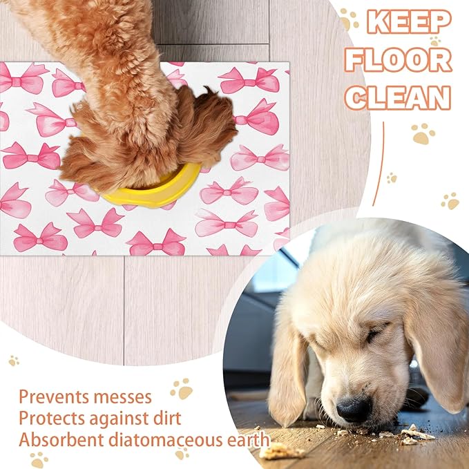 Pink Bows Dog Food Mat for Floors Absorbent, Quick Dry Water Dispenser Mat for Food, Water, Pet Supplies 16" x 24", Cute Bowknot