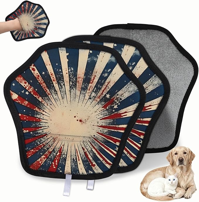 Reusable Pet Hair Removal Glove Abstract Stars Stripes Magic Brush for Cat & Dog Hair Remover for Car, Sofa, Bedding, Clothes - 9x9 Mitt Washable