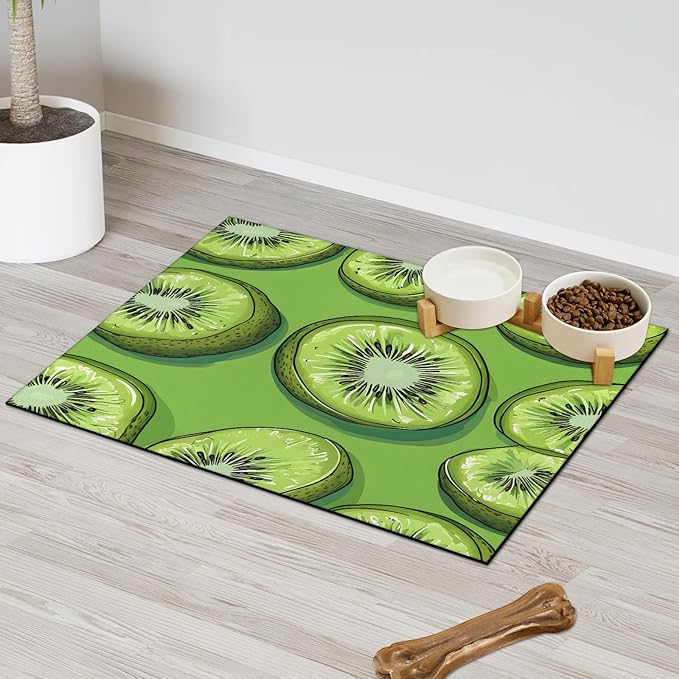 Kiwi Fruit Dog Food Mat for Floors Absorbent Dog Bowl Mat for Food and Water Dispenser Quick Dry Cat Food Placemat Pet Supplies 24" x 32", Cute Kiwi