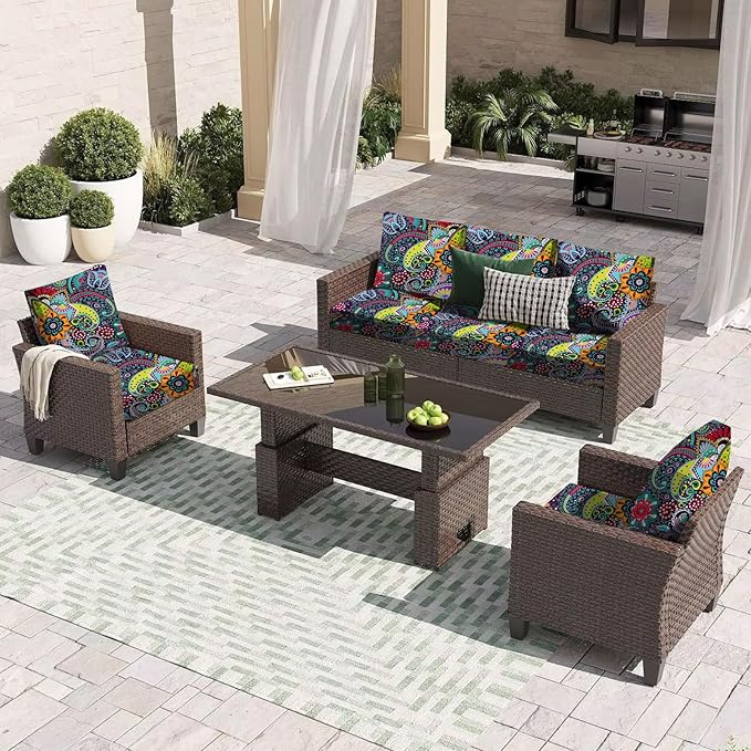 HANDONTIME 8Pcs Outdoor Patio Cushion Covers Boho Paisley Stretch Couch Cushion Cover Patio Couch Slipcover for Outdoor/Indoor Washable Non-Slip Furniture Protector for Pet (Blue Green,Cover Only)