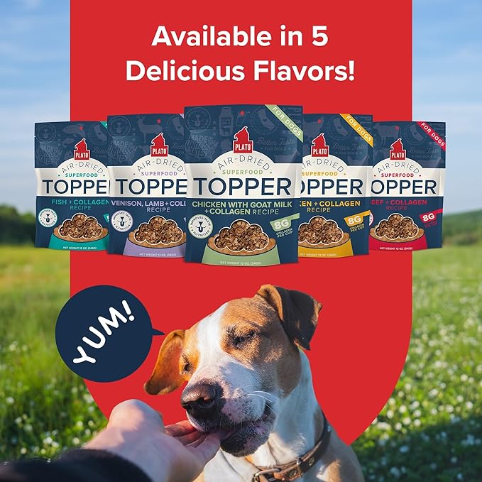 Plato Pet Treats Dog Food Toppers - Air-Dried Dog Food Toppers for Dry Food - with Collagen to Support Skin and Coat Health - Goat Milk & Collagen Recipe 5.5oz