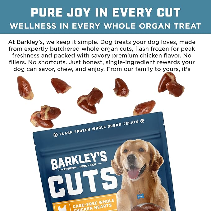 Barkley’s Cuts, Frozen Raw Whole Chicken Hearts Dog Treats, Single Ingredient, Flash Frozen, High Protein Training Treats and Food Toppers for Puppies and Dogs, Human Grade Ingredients, 16 Oz Bag