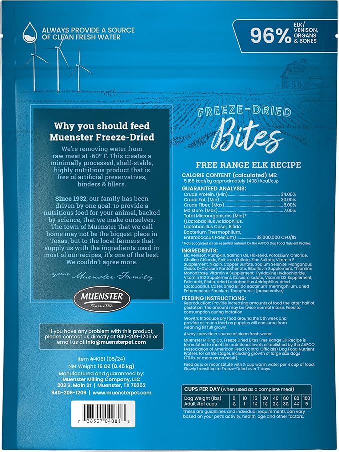 Muenster Freeze Dried Elk Bites - Dog Food, Treat, Mixer or Topper (16oz) - Grain-Free