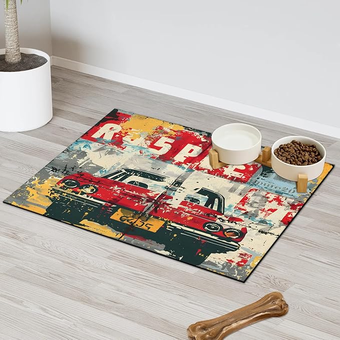 Vintage Car Dog Food Mat for Floors Absorbent, Quick Dry Water Dispenser Mat for Food, Water, Pet Supplies 12" x 20", Abstract Graffiti