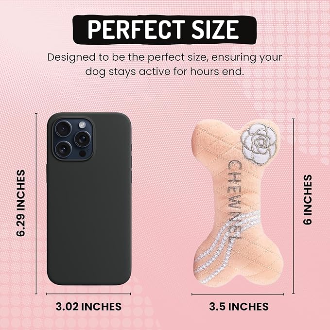 Dog Diggin Designs Chewnel Blush Plush Dog Toy Bone | Luxury-Inspired Parody Designer Bone with Squeaker, Soft Plush Chew & Play Dog Toy – Prêt-à-Porter Play!