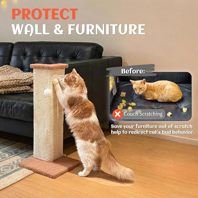 PETKARAY Couch Corner Cat Scratcher, 22.5" Sisal Scratching Post for Indoor Cats, Corner Wall Scratch Pad for Furniture Protection, Plush Base, Medium