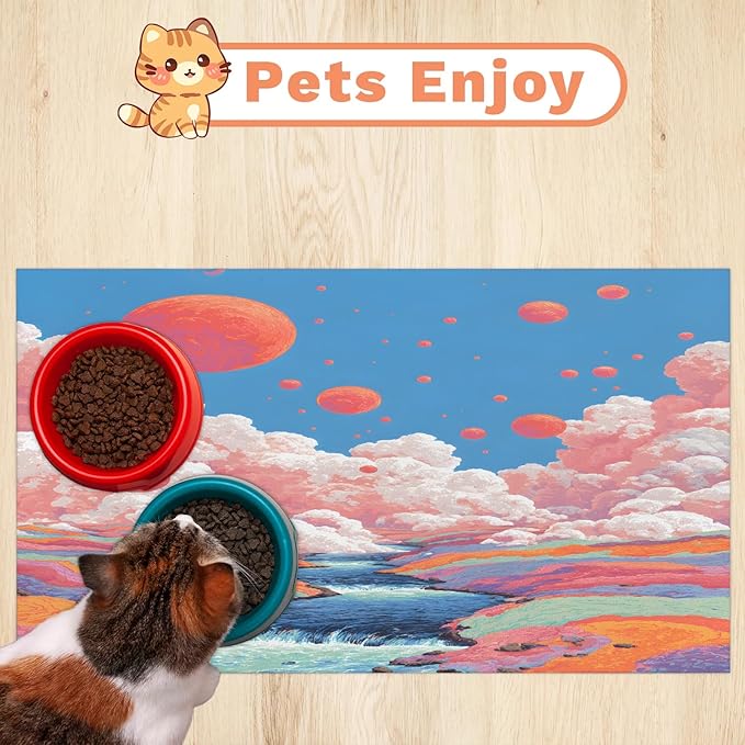 Cloud Dog Food Mat for Floors Absorbent, Quick Dry Water Dispenser Mat for Food, Water, Pet Supplies 12" x 20", Lake Tree