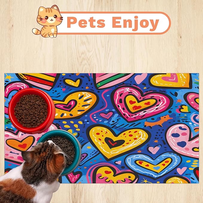 Colorful Love Dog Food Mat for Floors Absorbent, Quick Dry Water Dispenser Mat for Food, Water, Pet Supplies 16" x 24", Heart