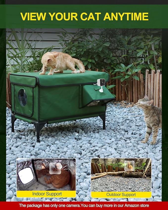 Heated Cat House for Outside,Dual Camera Mounts,100% Weatherproof & Extremely Insulated,Elevated Feral Cat Shelter with Escape Door,Waterproof Eaves for Outdoor Stray Barn Cat(Army Green,S)
